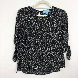 CeCe Womens Blouse Top Size XS Floral Feminine Short Sleeve Black
